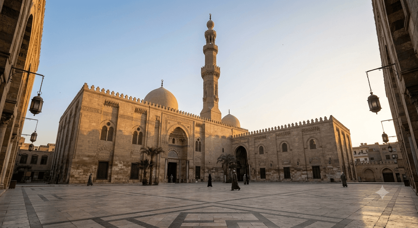 Cour d'une mosquée du Caire baignée par la lumière du coucher de soleil